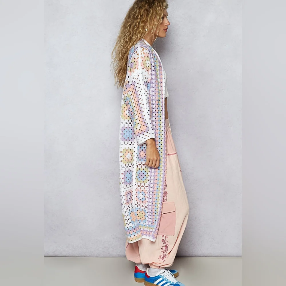 POL Pastel Crochet Granny Square Duster Kimono Cardigan OSFA - Picture 7 of 17